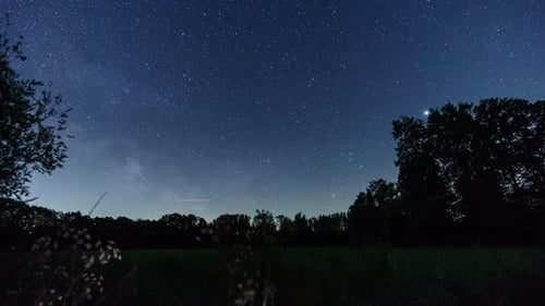 moving milky way on night sky over rural landscape with silhouette of trees
