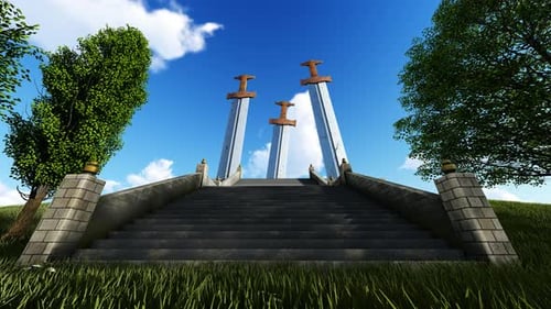 Three Giant Swords on Ancient Stone Staircase Fantasy Scene