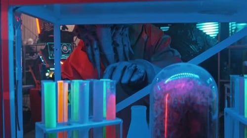 Creepy Alien Scientist in Futuristic Laboratory at Night