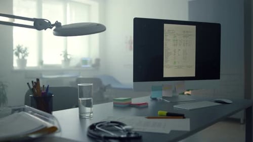 Medical Office Desk With Computer Displaying Records
