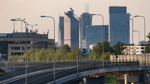 Time Lapse Evening Cityscape Road Junction Overlooking Downtown Skyscrapers Business Center High
