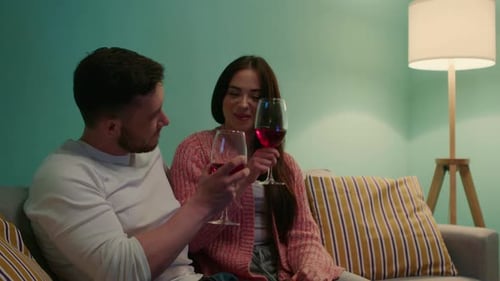 Couple Drinking Wine and Using Laptop at Home