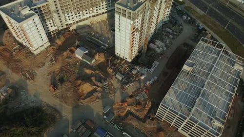 Construction Site Of A New City Block. Construction Of Multi Storey Buildings.