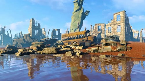 Statue Of Liberty And Ruined City
