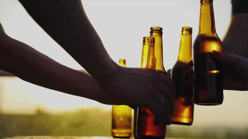 Friends Drinking Beer Outdoors. Bottles In Hands Closeup