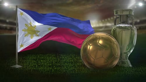 Philippine Flag with Golden Soccer Ball and Silver Trophy in Stadium