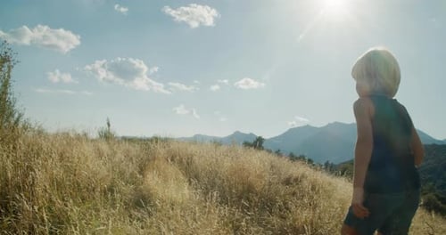 Child boy climbing the mountain on summertime journey on vacations