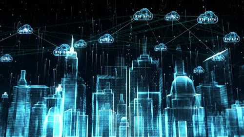Futuristic City Skyline with Big Data Cloud Network Animation