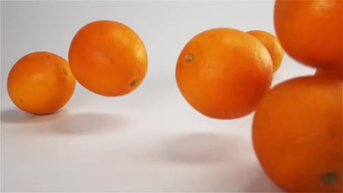 Oranges Falls and Bounce on White Wet Surface