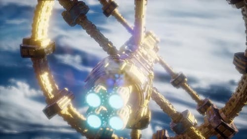 Futuristic Golden Space Station Orbiting Earth with Glowing Thrusters