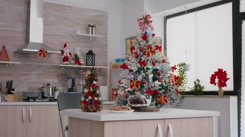 Empty Xmas Decorated Kitchen with Nobody in It is Ready for Traditional Christmas Holidays