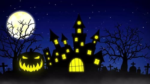 Halloween Background Animation with the Concept of Haunted Castle Pumpkin and Spooky Trees