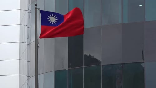 Taiwan Flag Waving on Flagpole Against Modern Building
