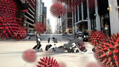 Animation of macro Covid-19 cells floating, American dollar sign breaking over a cityscape.