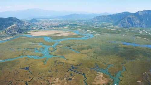 Aerial Survay of the River and City Dalyan, Turkey