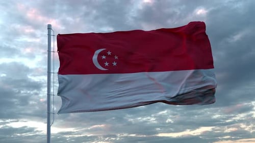 Realistic Singapore National Flag Waving in Cloudy Sky