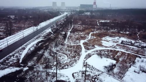 Coal fired power plant. gas emissions into the atmosphere. winter landscape. Aerial view.