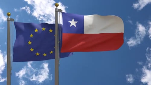 European Union Flag Vs Chile Flag On Flagpole