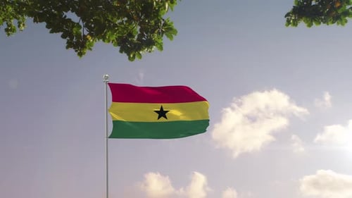 Ghana Flag Waving over City Skyline Background