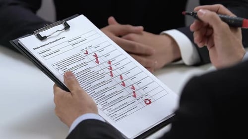Manager Refusing Job Candidate Filling Interview Evaluation Form, Hire Personnel