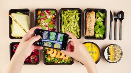 Food Delivery Top View Take Away Meals in Disposable Containers
