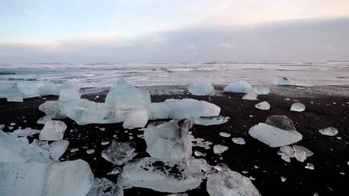 Icelandic Video 5Diamond beach, Iceland. Icebergs on the ocean. Blue ice against black sand.