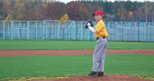 Baseball at School the Pitcher Pitches Fastball Toward Batter Boy Throwing the Ball 50Fps