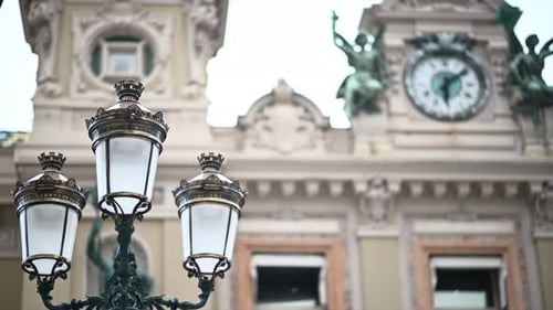 Casino of Monte Carlo building with big metallic lanterns in Monaco, close up view