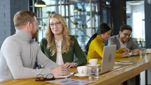 Blonde Lady Talking with Business Partner at Bar Counter in Cafe
