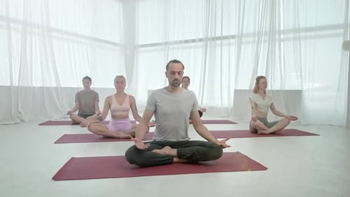 Yoga Class Group of Women and Man Exercising Healthy Lifestyle in In Bright Studio