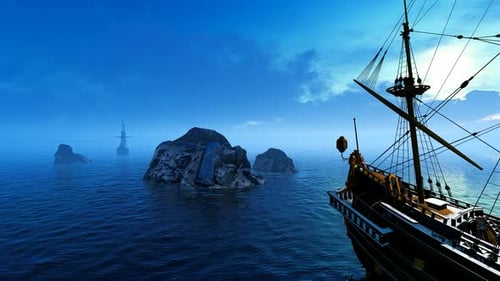 3D Animated Sailing Ship on Mysterious Ocean with Rocky Islands