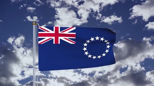 Realistic Cook Islands Flag Waving Animation on Cloudy Blue Sky