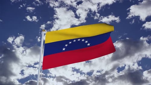 Venezuelan National Flag Waving with Clouds in Blue Sky