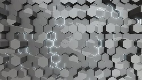 Abstract 3D Hexagon Grid Background with Pulsating Lights