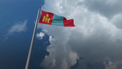 Realistic Waving Mongolian Flag on Pole with Cloudy Sky Background