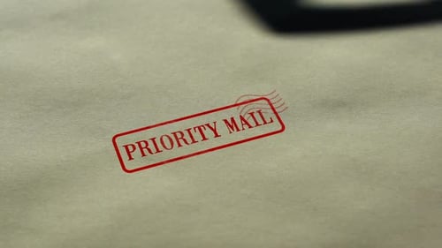 Priority Mail Siegel auf leerem Papierhintergrund gestempelt, schneller Lieferservice