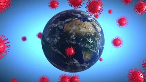 Global Virus Outbreak with Spinning Earth and Red Pathogens