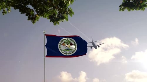 Belize Flag Waving with Airplane Flying Over City Skyline