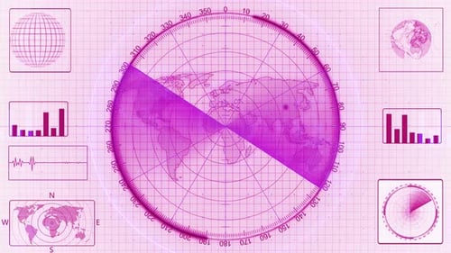 Futuristic HUD Display with Global Radar Scan and Data Visualizations