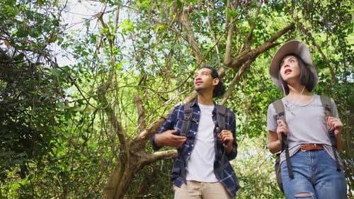 Young Asian man and woman friend traveling in the forest together, walking with happiness and fun.