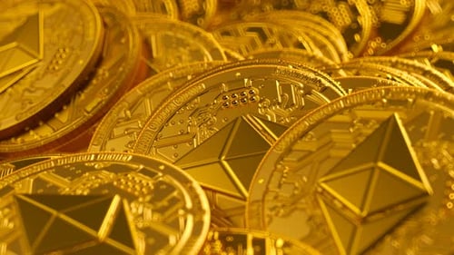 Golden Ethereum ETH pile. Loopable animation. Cryptocurrency, virtual money