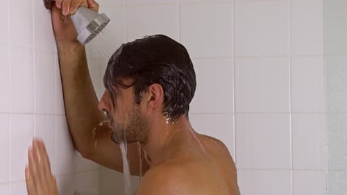 Man Washing Hair in Shower, Close Up