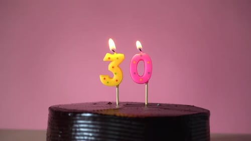 Chocolate Birthday Cake with Wick Lighting Trying to Blowout Candle