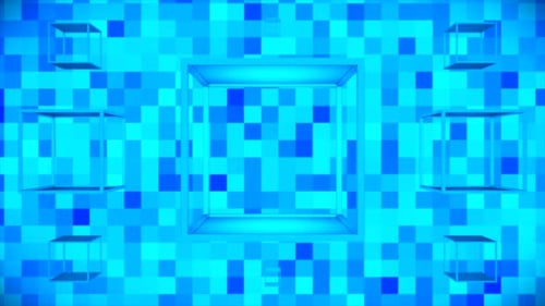 Futuristic Geometric Blue Cubes on a Pixelated Grid Loop