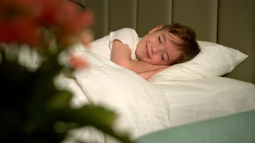 Boy Peacefully Sleeping in Bed at Home