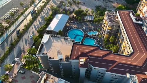 Hotels pool on the beach aerial view Turkey Alanya 4 K