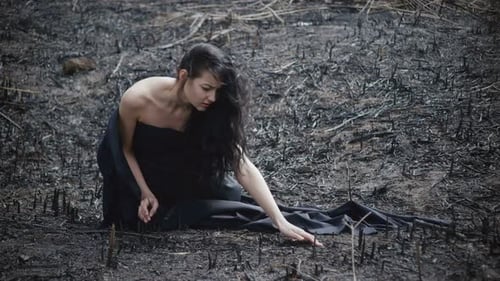 Woman Kneeling in Charred Landscape