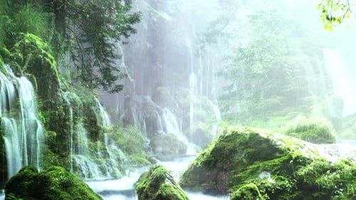 Misty Waterfalls in a Lush Green Forest Landscape