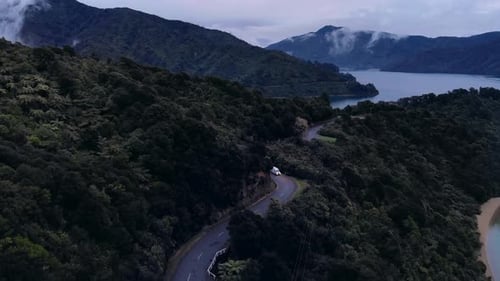 Camper Van Traveling Mountain Roads at Night (Marlborough Sounds New Zealand)