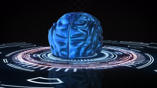 Brain Rotation In Data Flow On An Electronic Platform. Looped Abstract Animation
